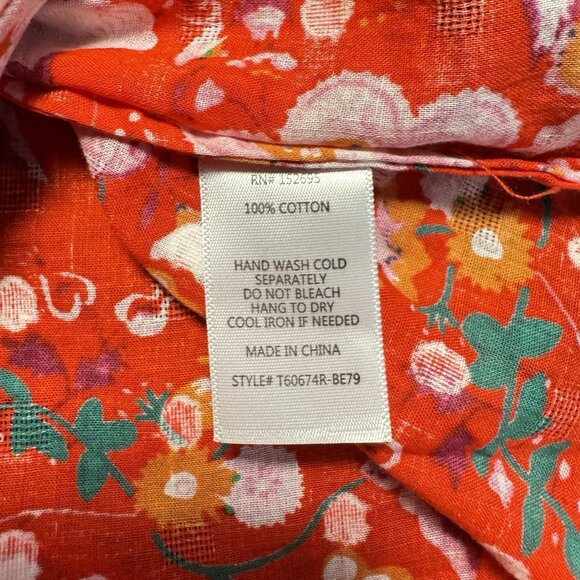 Q&A Women’s‎ 100% Cotton Red Floral Ruffle Short Sleeve Top Button V-Neck Blouse - Picture 7 of 13